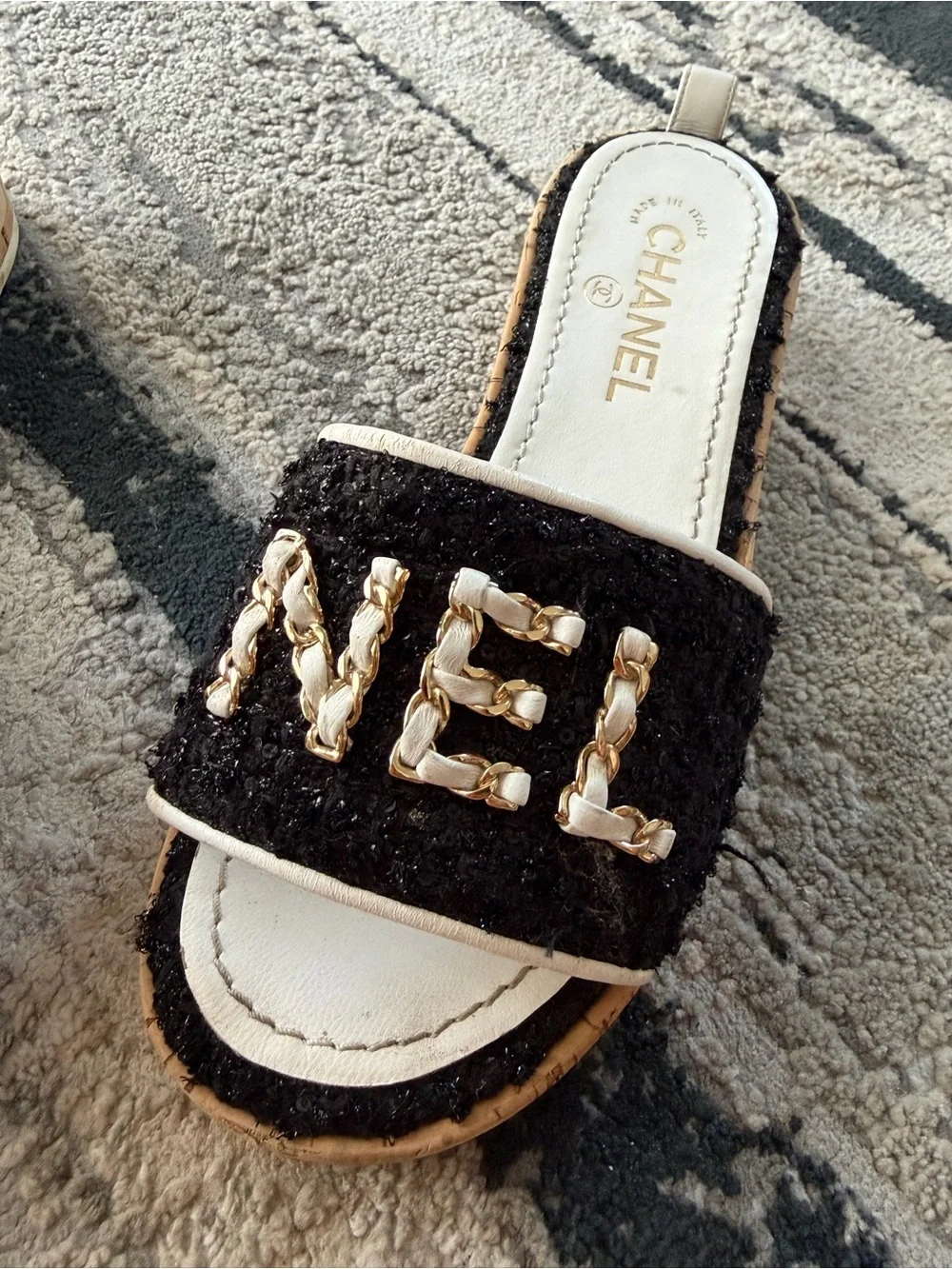 CHANEL Black Tweed Slide Mules with White-Gold Chain Logo